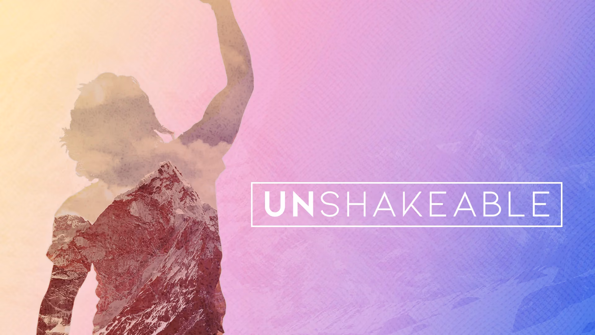 Silhouette of a person with mountain shape on their back against gradient background. Unshakeable text displayed.