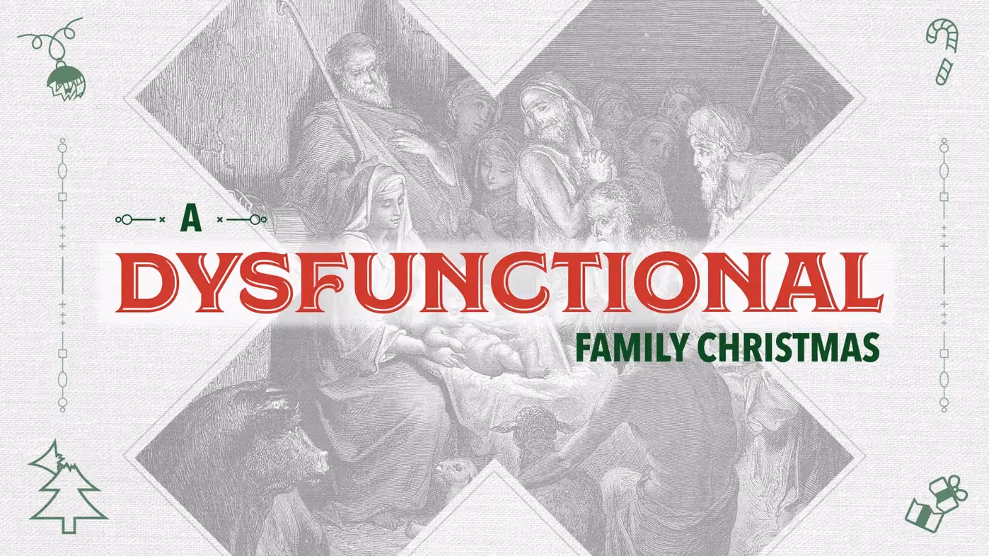 Title card for a dysfunctional family Christmas with festive holiday graphics and a classical artwork background.