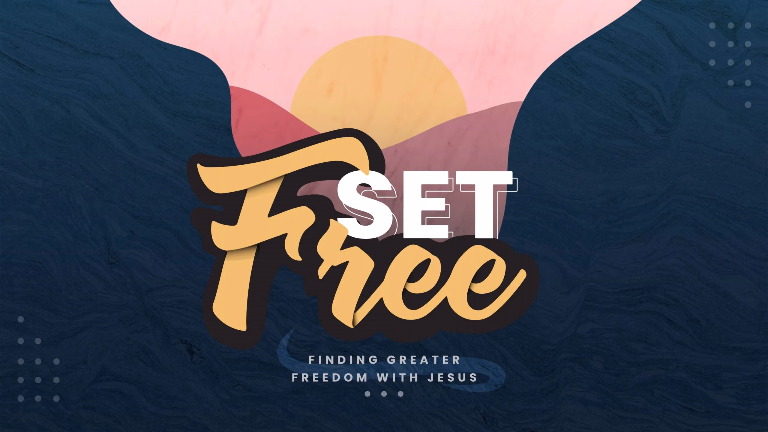 Graphic with stylized text 'Set Free' and tagline 'Finding Greater Freedom with Jesus' against abstract background.
