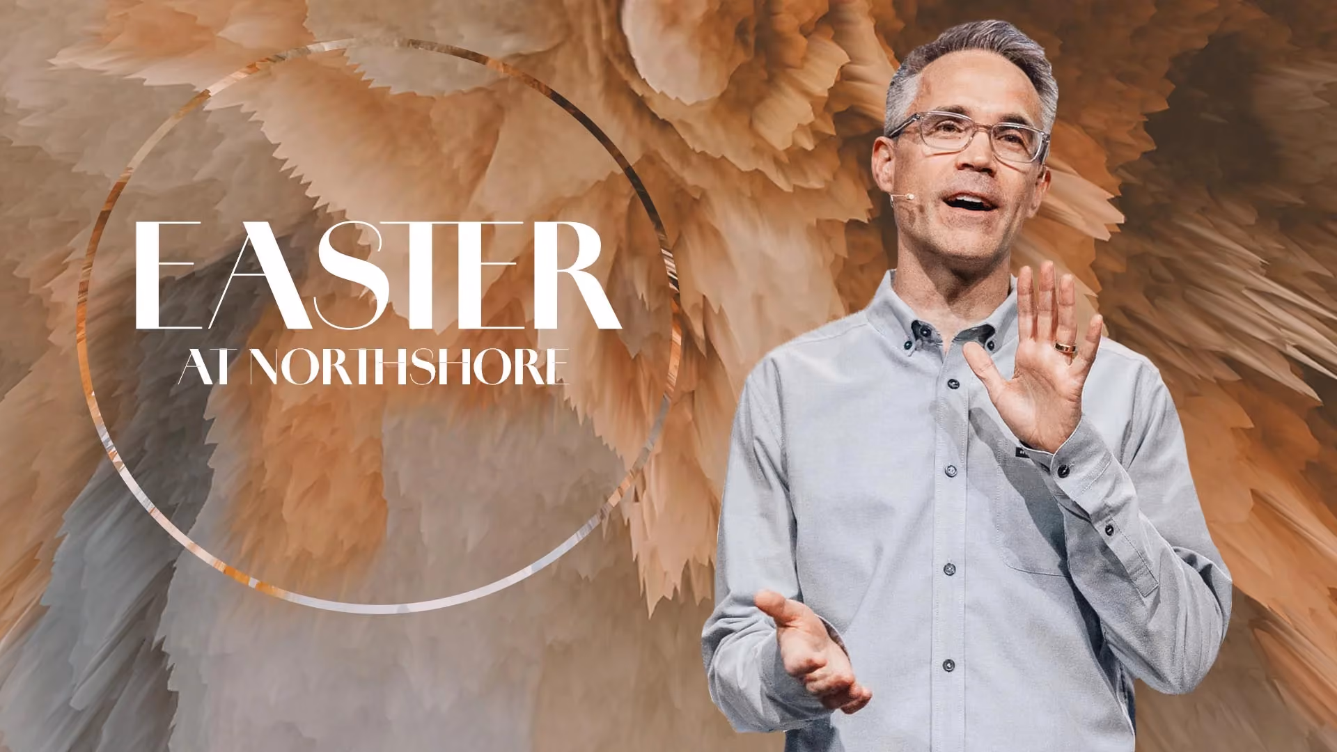 Man speaking on stage with Easter at Northshore text overlay on abstract background.