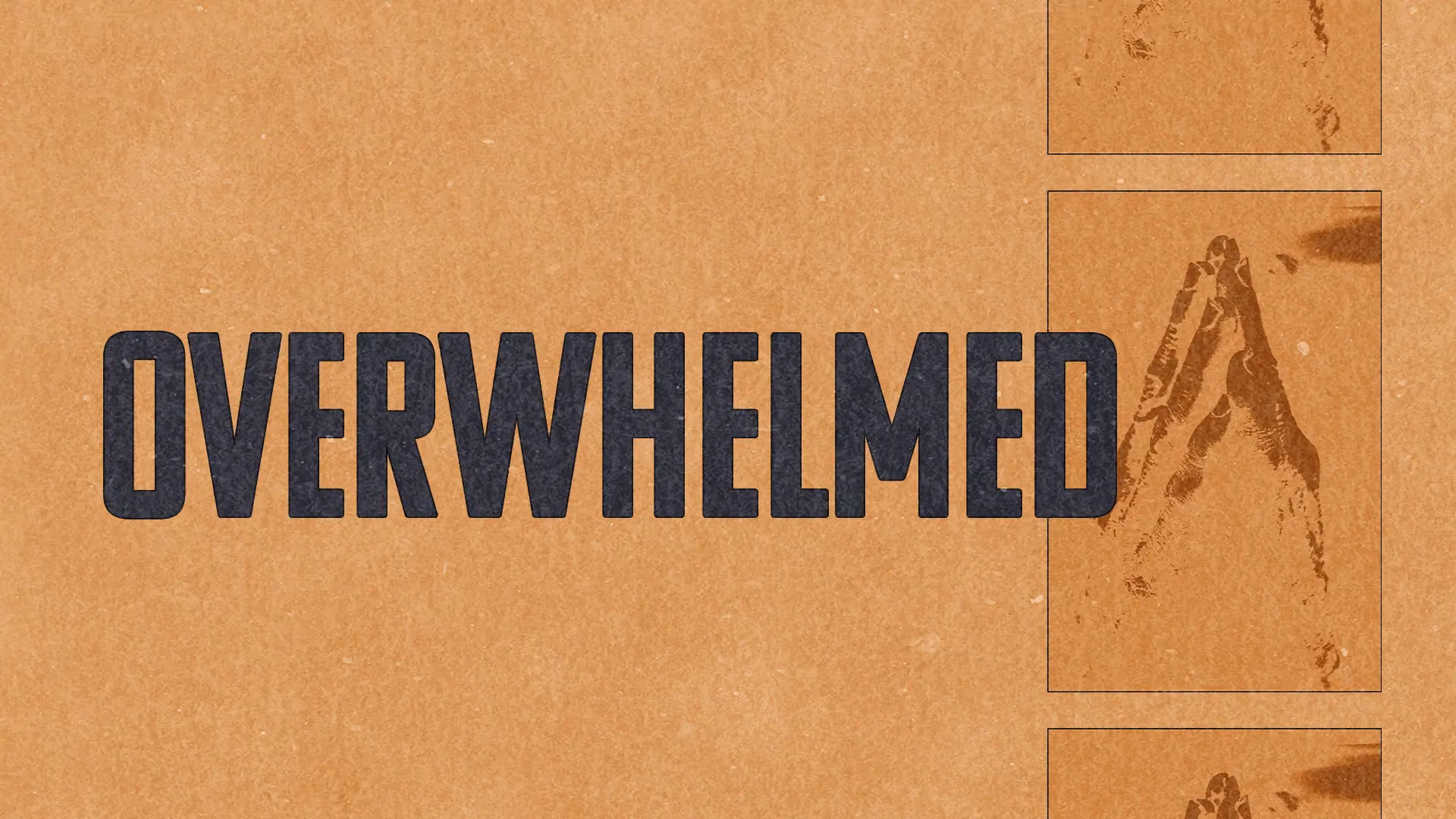 Word overwhelmed in bold black letters on textured brown surface with faint mountain silhouettes on right side.