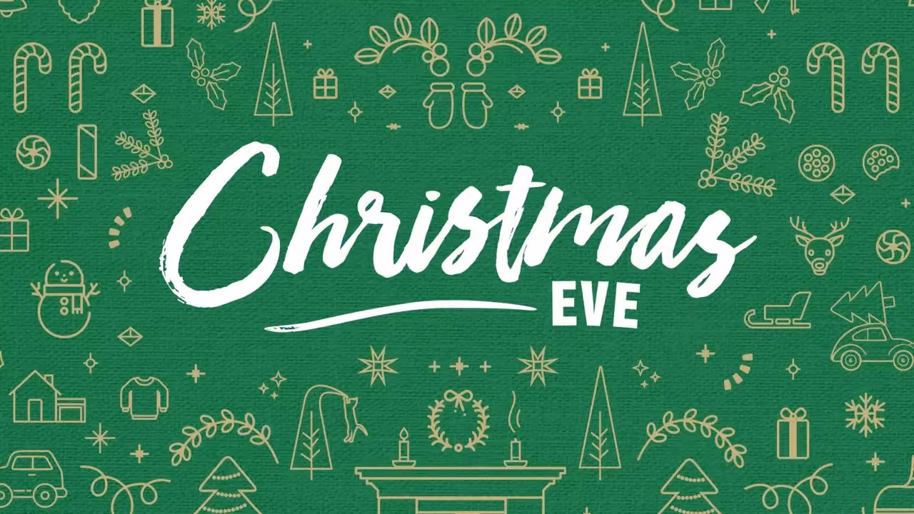 Green background with gold holiday icons and Christmas Eve text.