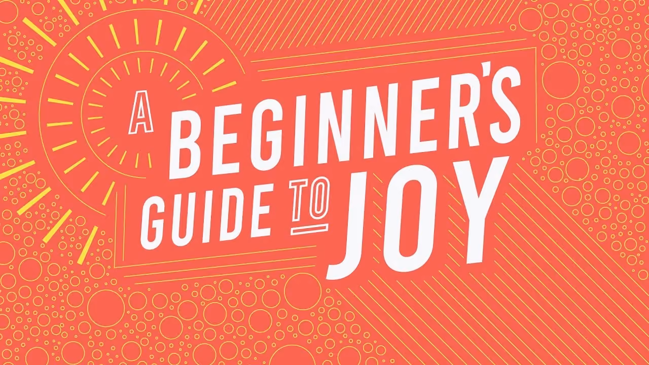 Text reads A Beginner's Guide to Joy on vibrant orange background with geometric patterns.