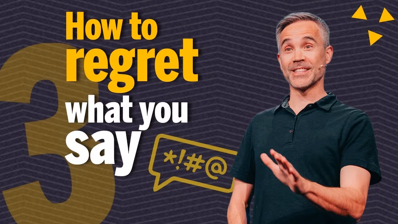 Man speaking on stage with text overlay about regretting what you say.