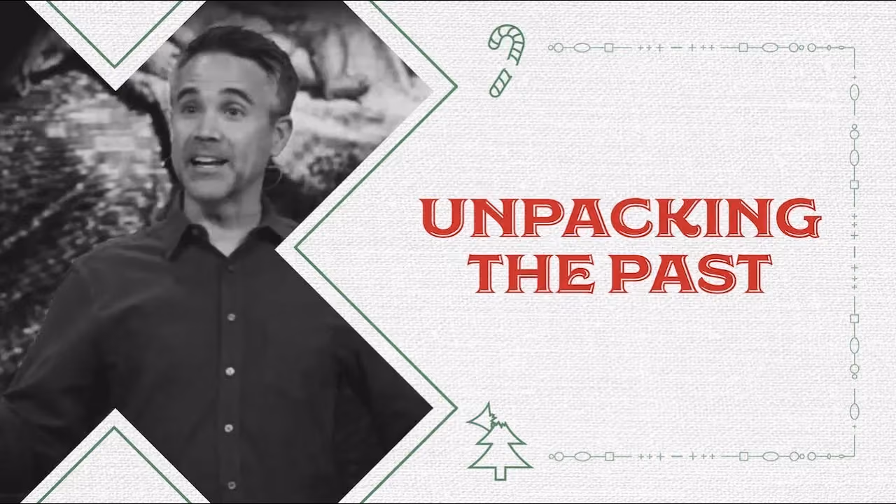 Man speaking in black and white with red text overlay reading Unpacking the Past. Christmas-themed graphics visible.