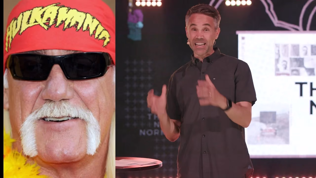 Hulk Hogan in red cap and sunglasses next to a man speaking on stage.