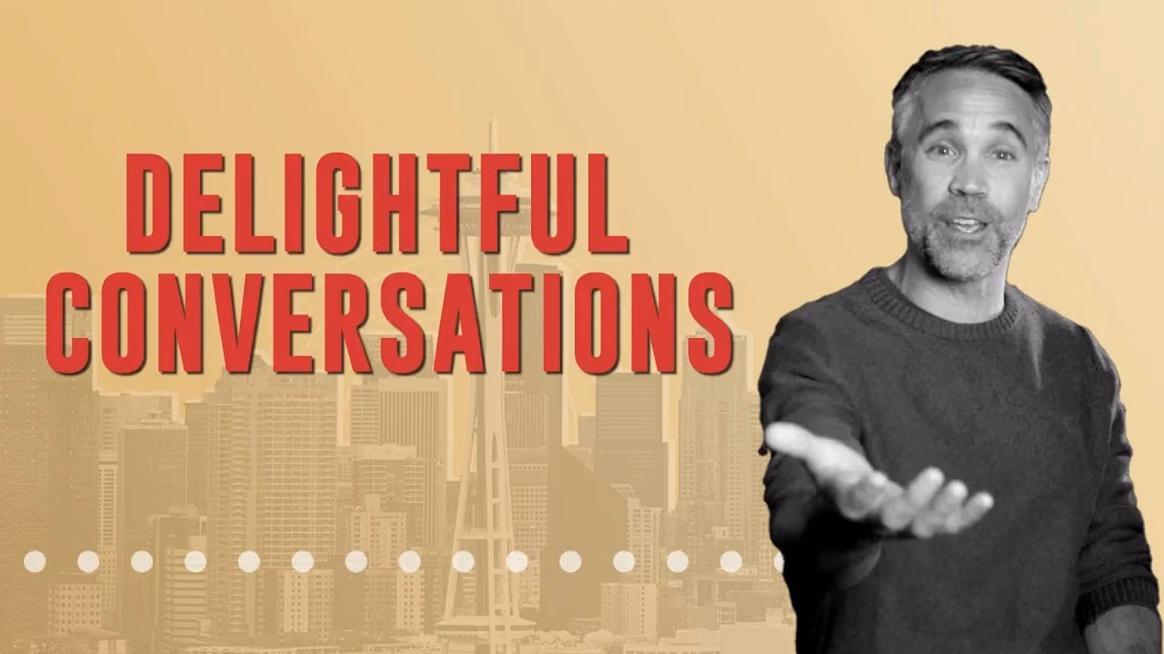 Man gesturing with open hand against city skyline background with text Delightful Conversations.