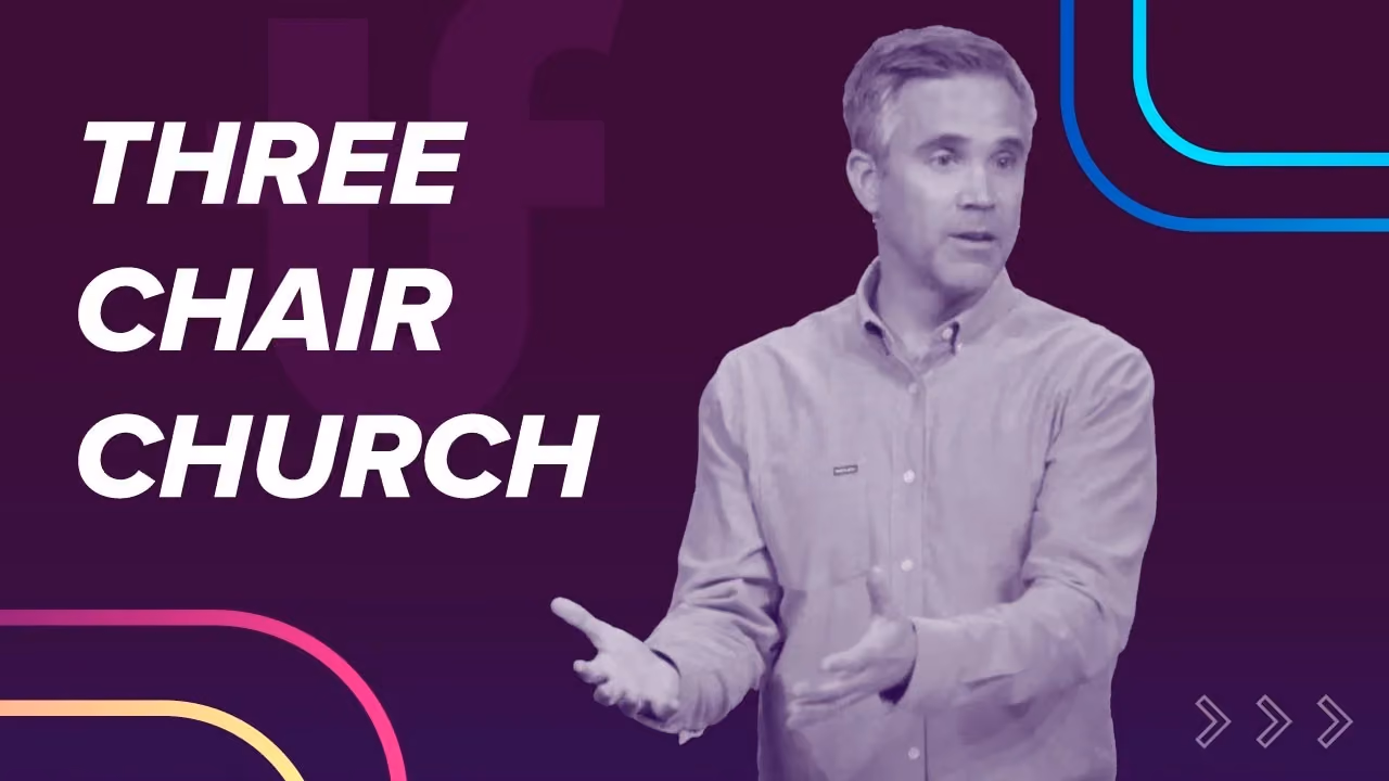 Man speaking in front of purple background with text Three Chair Church and colorful lines.