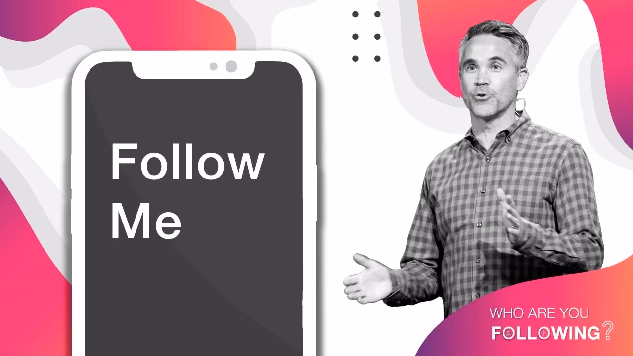 Man gesturing beside phone displaying 'Follow Me' with colorful abstract background and text 'Who Are You Following.