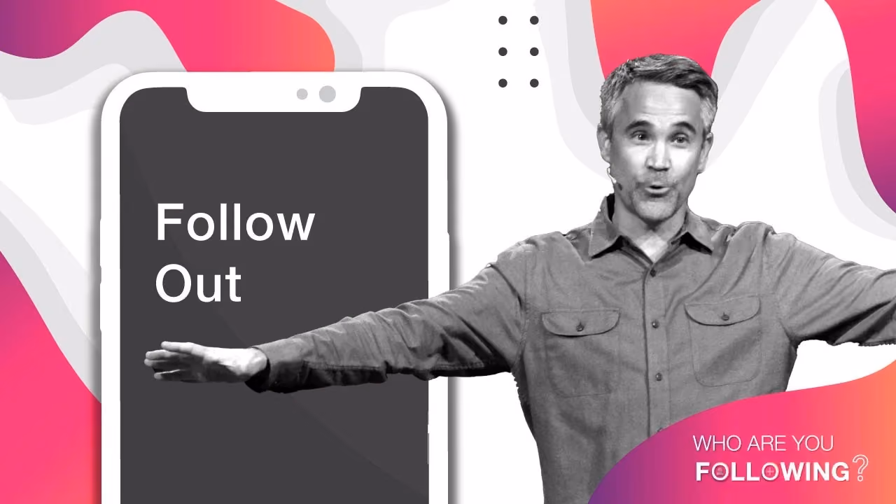 Man gesturing toward phone displaying 'Follow Out' with colorful abstract background and text 'Who Are You Following.