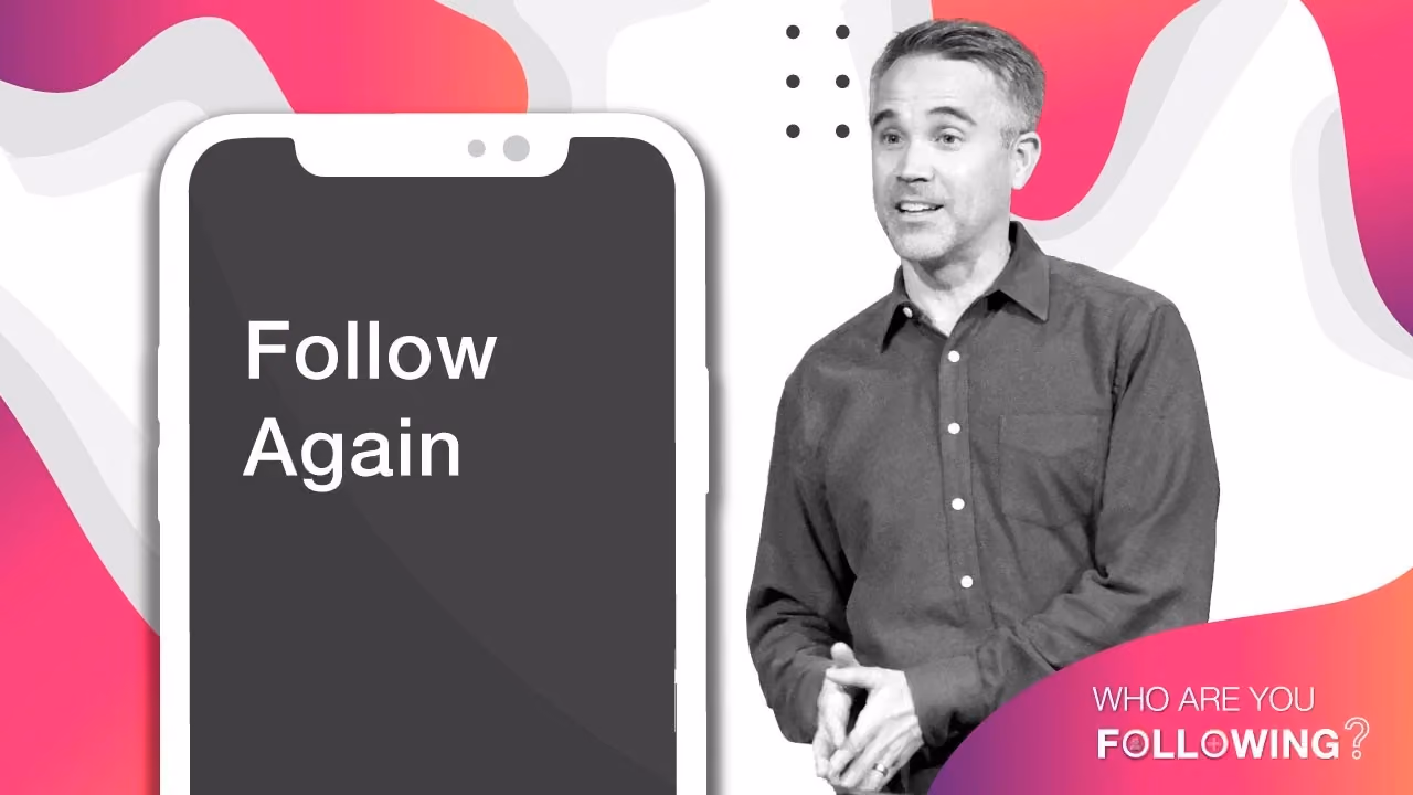Man speaking beside phone displaying 'Follow Again' with colorful abstract background and text 'Who Are You Following.