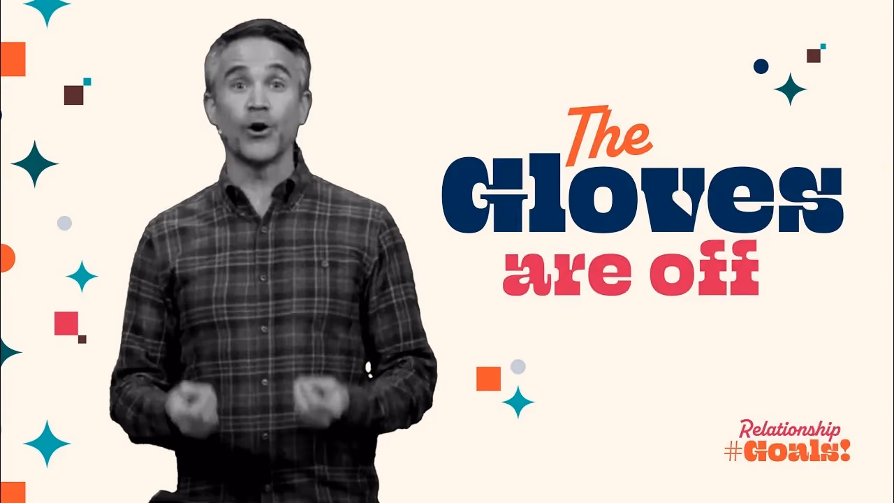 Man speaking with text The Gloves are off and Relationship Goals.