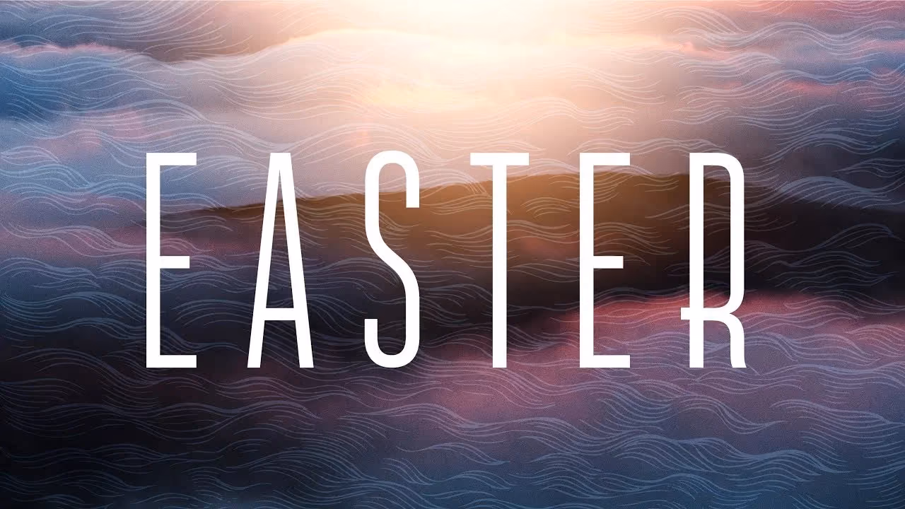 Easter title card with the word Easter set over a sunlit ocean of layered waves.