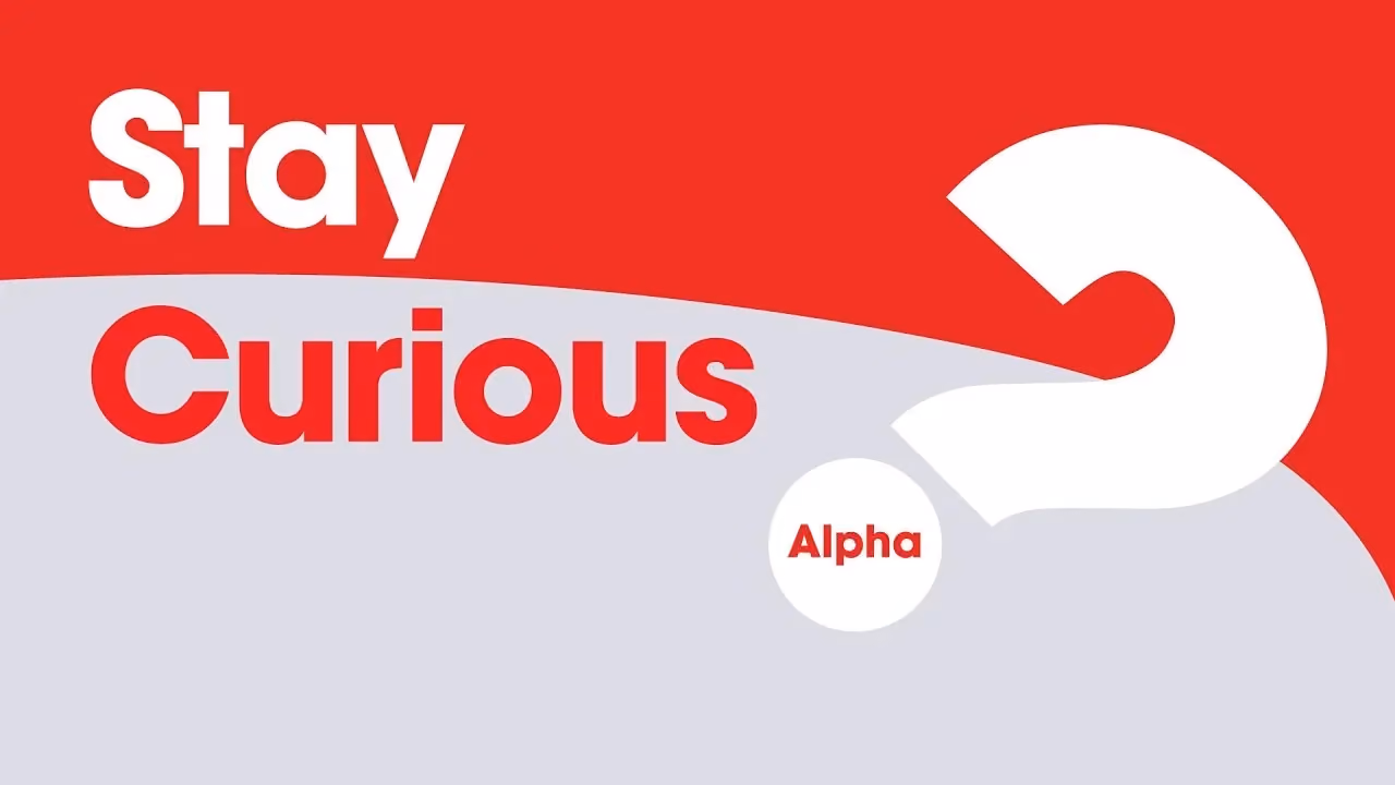 Stay Curious graphic for the Alpha course, with a large white question mark on red.