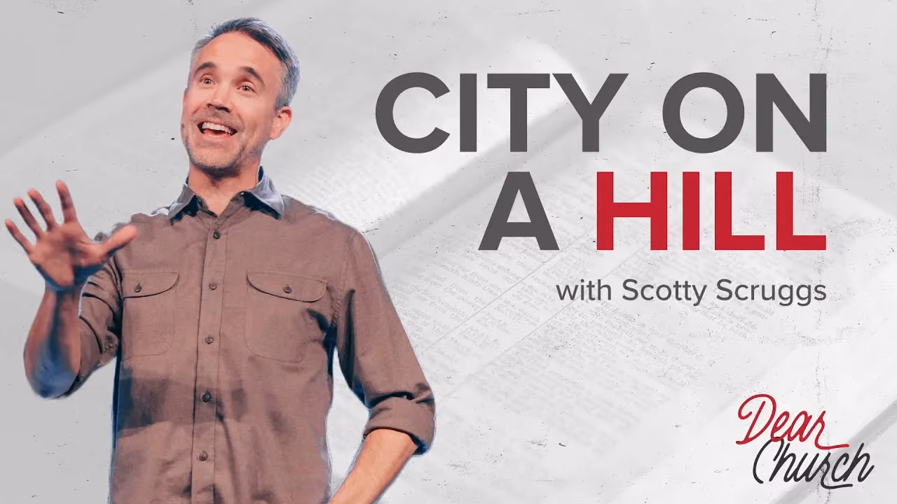 City on a Hill with Scotty Scruggs, from the Dear Church series, gesturing while preaching.
