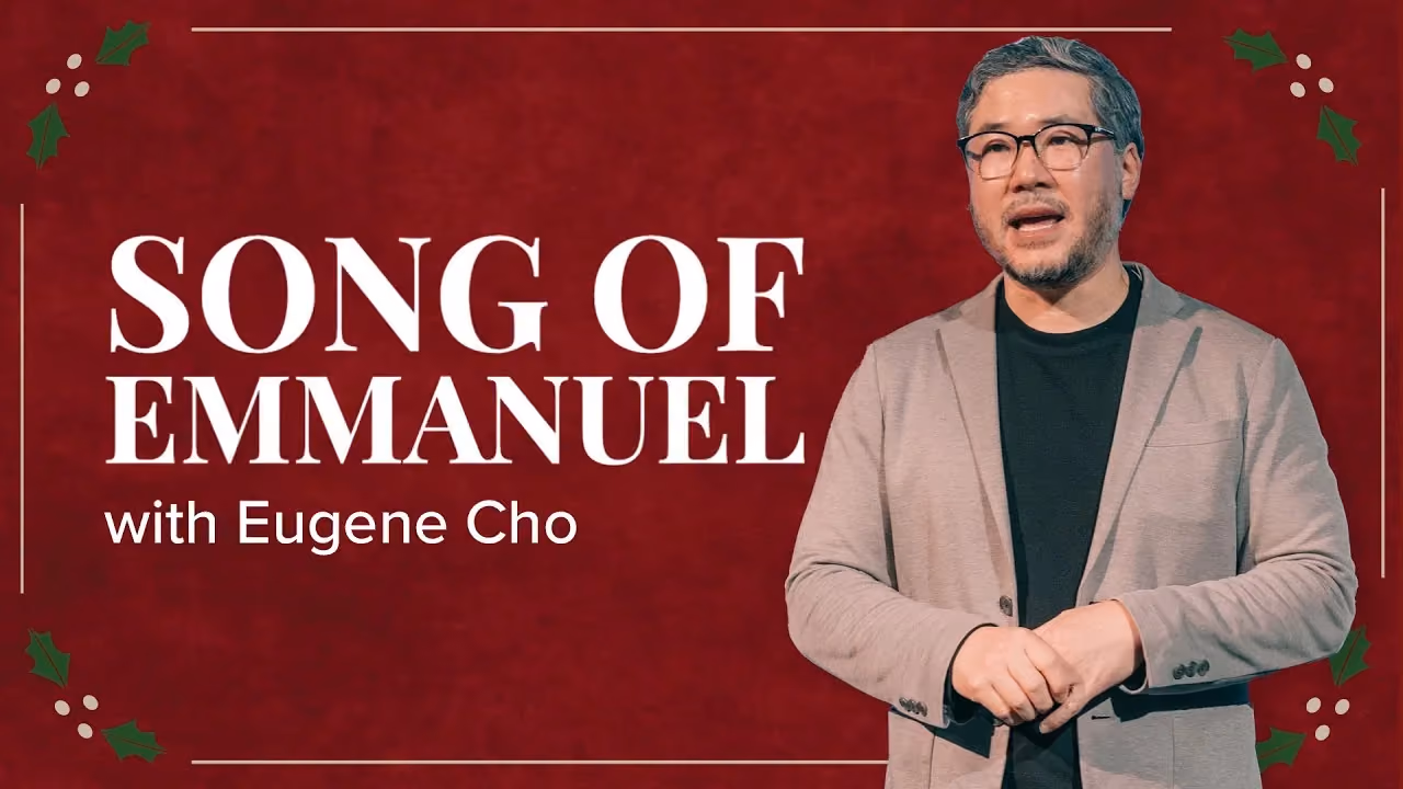 Song of Emmanuel with Eugene Cho, on deep red with holly sprigs in the corners.