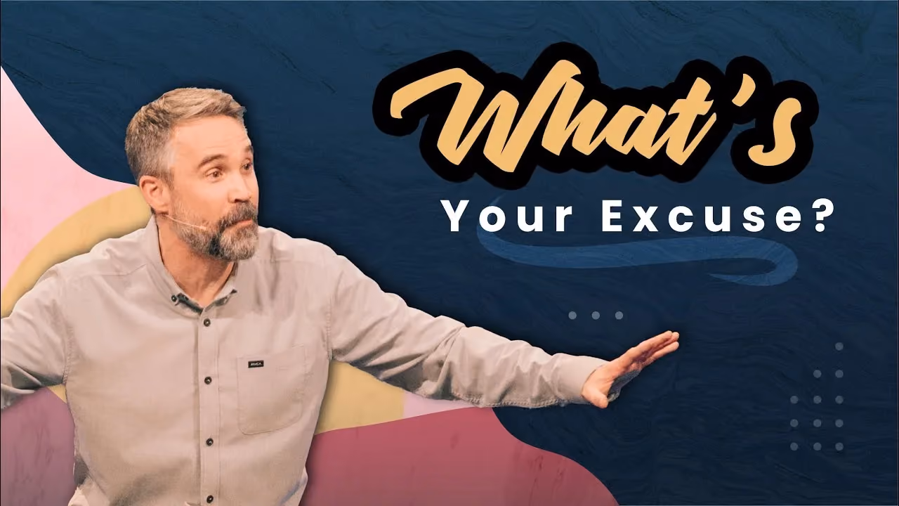 What's Your Excuse? Speaker in a light shirt with arm outstretched while preaching on stage.