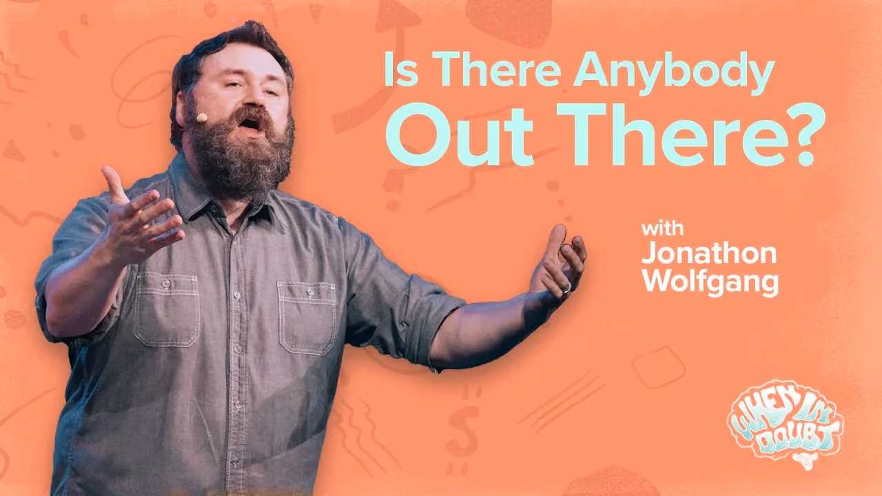 Is There Anybody Out There? with Jonathon Wolfgang, arms open wide mid-sentence.