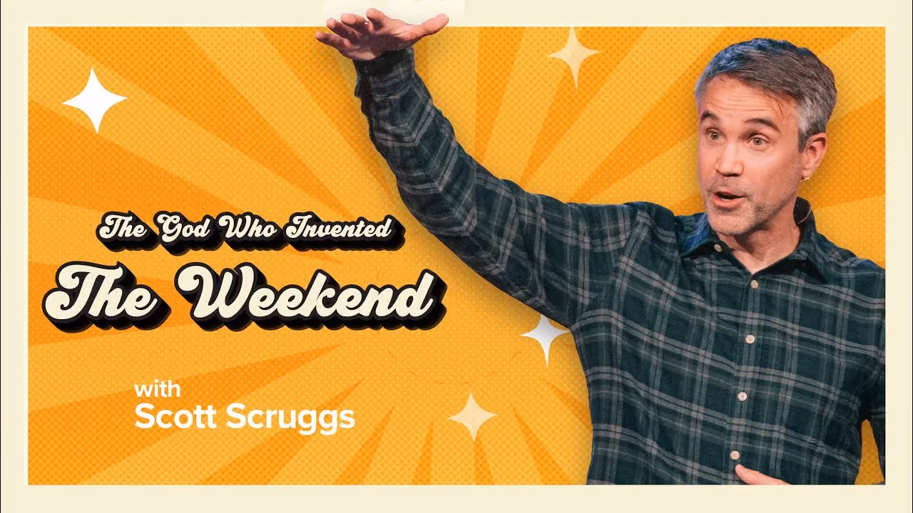 The God Who Invented The Weekend with Scott Scruggs, one arm raised against an orange sunburst.
