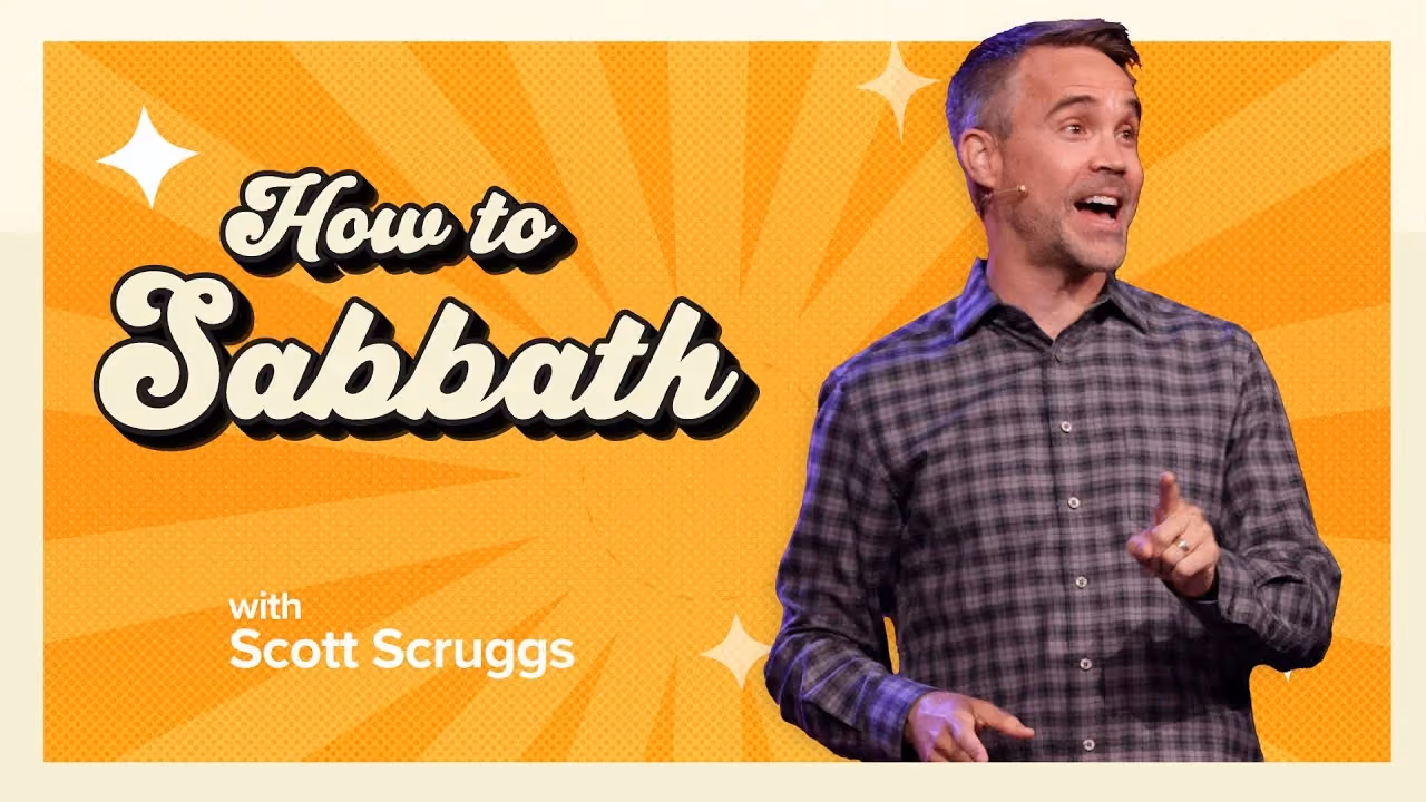 How to Sabbath with Scott Scruggs, gesturing in a checked shirt against an orange sunburst.
