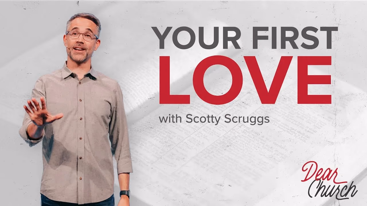 Your First Love with Scotty Scruggs, hand raised mid-sentence over an open Bible backdrop.