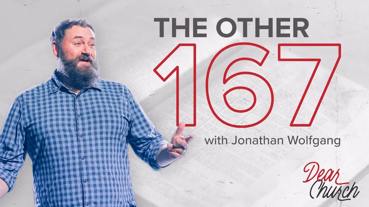 The Other 167 with Jonathan Wolfgang, gesturing in a blue checked shirt, Dear Church series.
