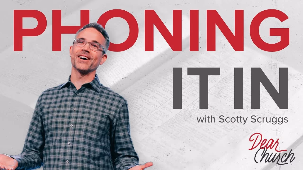 Phoning It In with Scotty Scruggs, hands open low while speaking, Dear Church series.