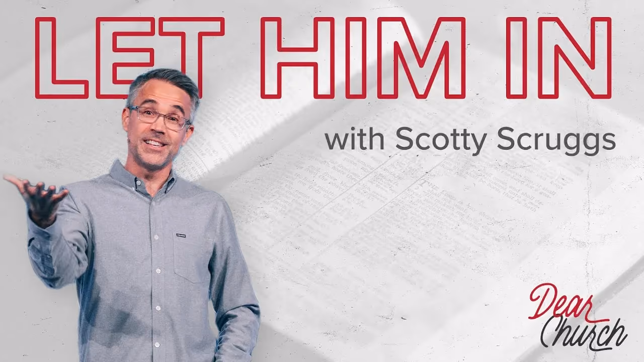 Let Him In with Scotty Scruggs, one hand extended while speaking, Dear Church series.