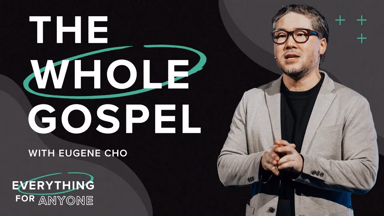 The Whole Gospel with Eugene Cho, hands clasped in glasses and a light blazer.