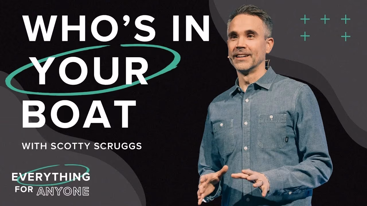 Who's In Your Boat with Scotty Scruggs, hands open low while speaking, Everything for Anyone series.