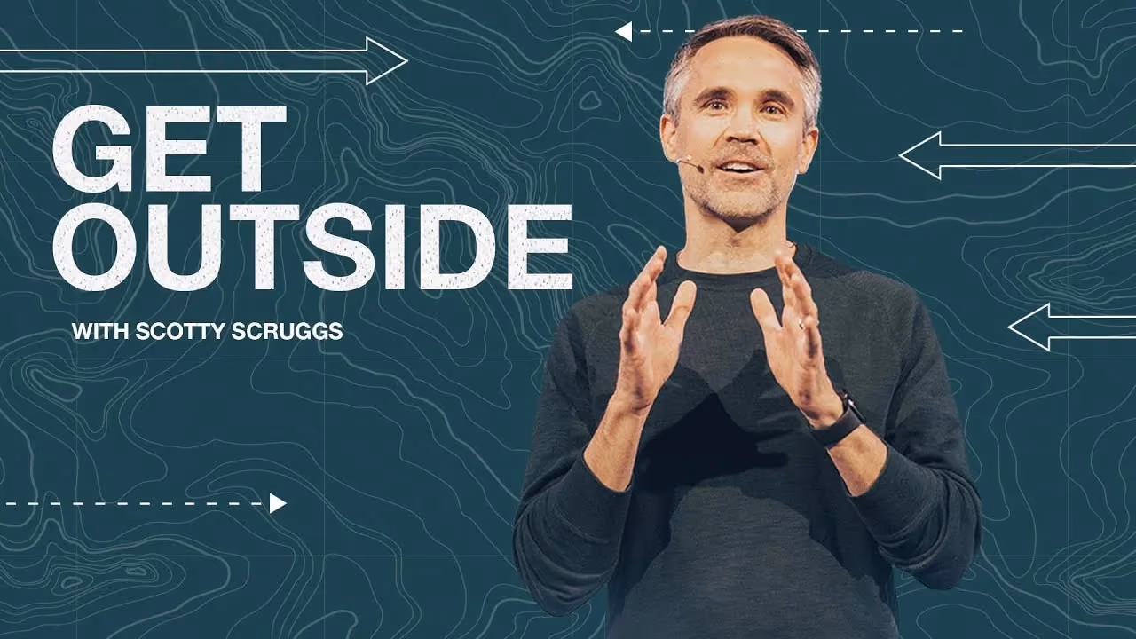 Get Outside with Scotty Scruggs, hands raised open against a teal topographic map.