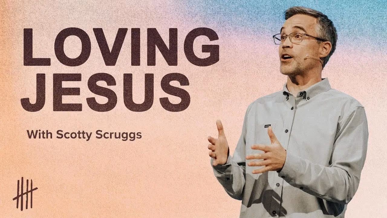 Loving Jesus with Scotty Scruggs, speaking in a light shirt against a pastel gradient.