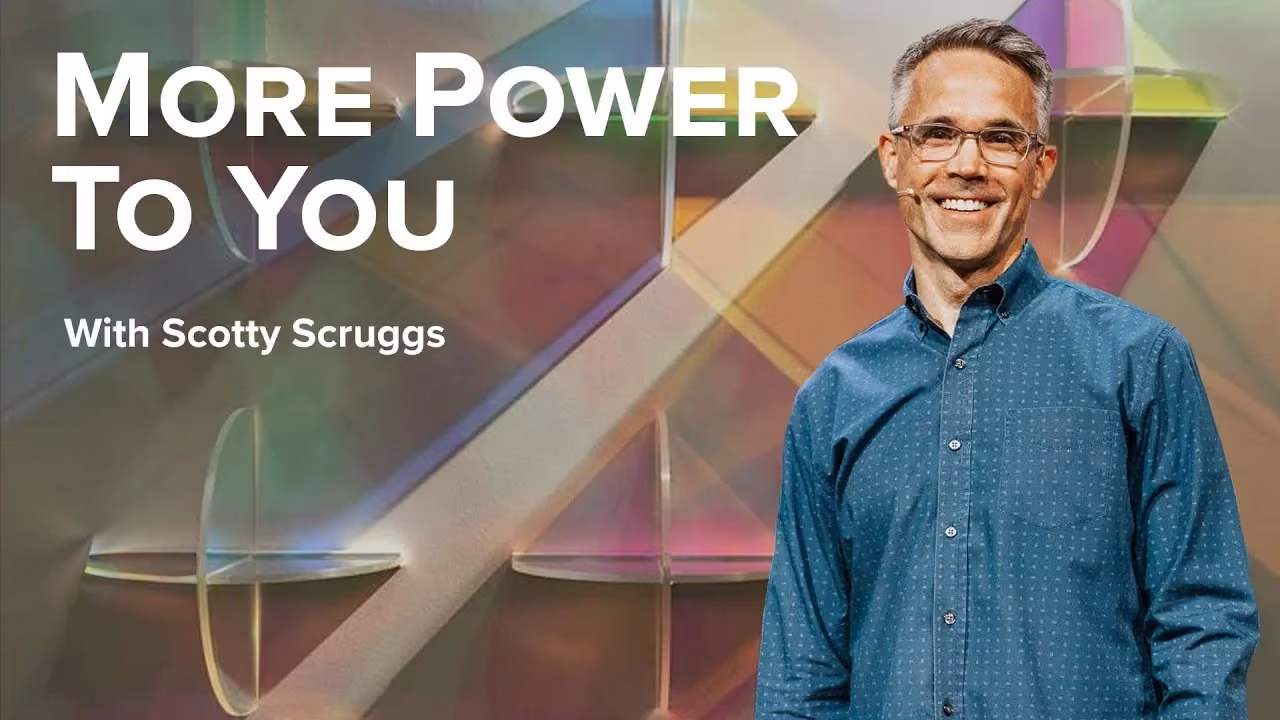 More Power To You with Scotty Scruggs, in a teal patterned shirt before coloured glass.