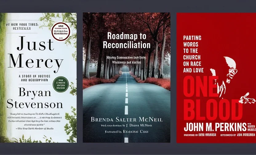 Three books on justice and racial reconciliation stacked together.