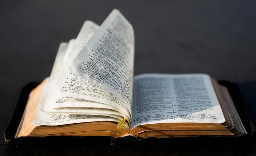 An open Bible resting on a dark surface.