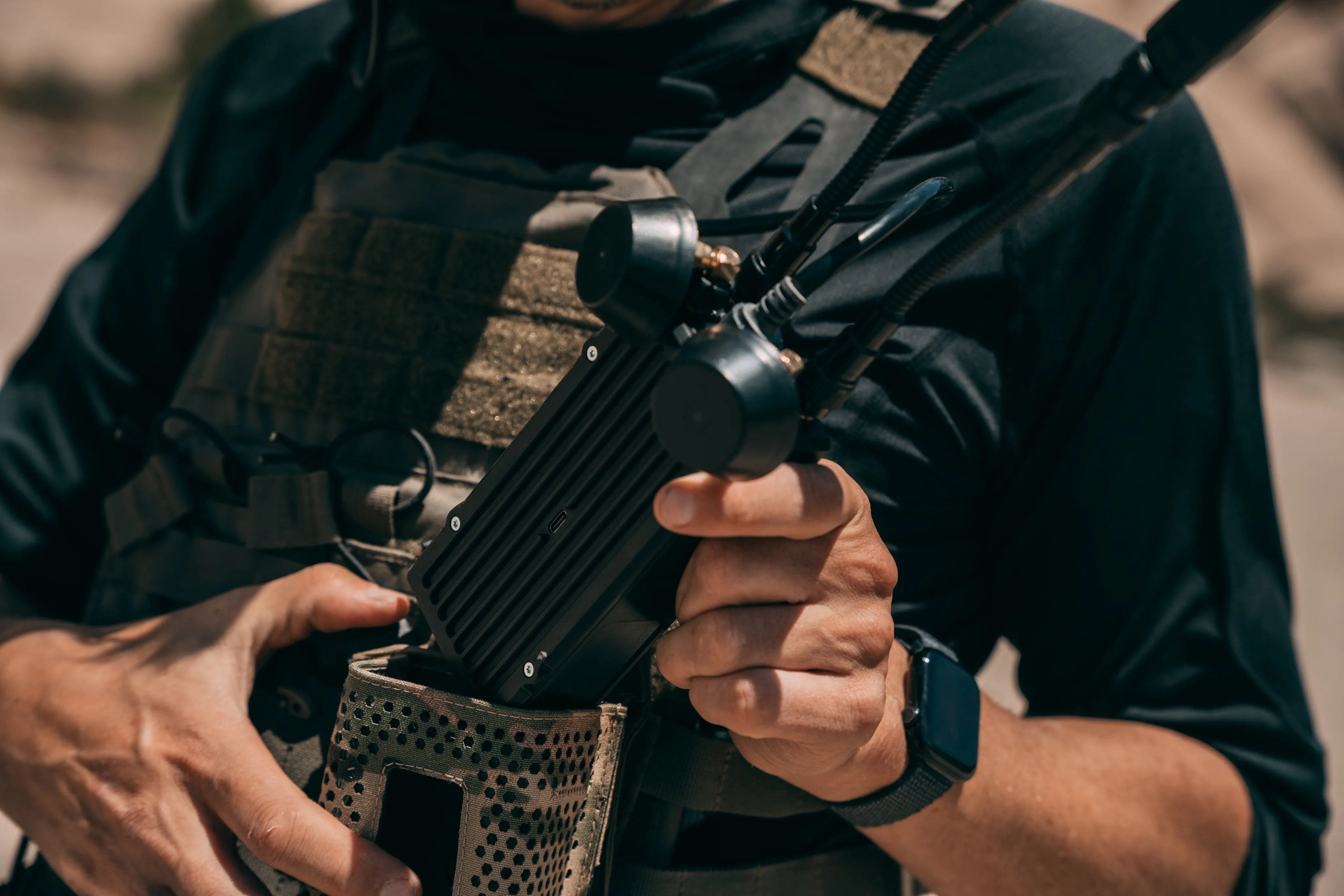 Crossbow Block 2 is here.

The entire ground control station used to fly our drones – radio and pilot box – now fits on a single soldier’s plate carrier. The new Crossbow cuts total system size by over 50% while maintaining our 25 km range so that warfigh