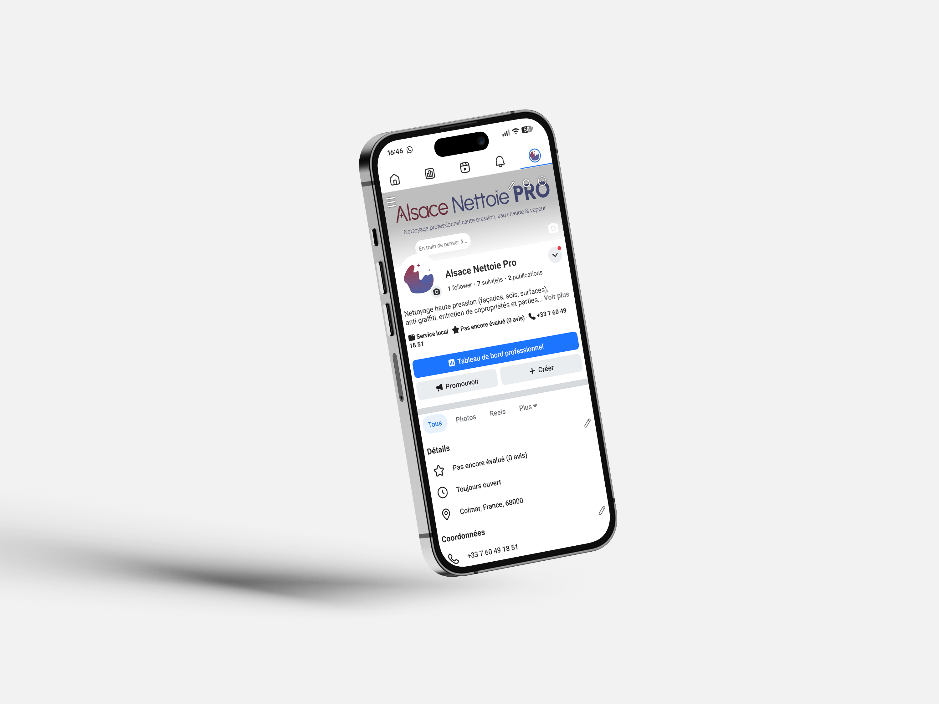 Mockup de mise en avant du compte facebook de Alsace nettoie pro client de lia studio