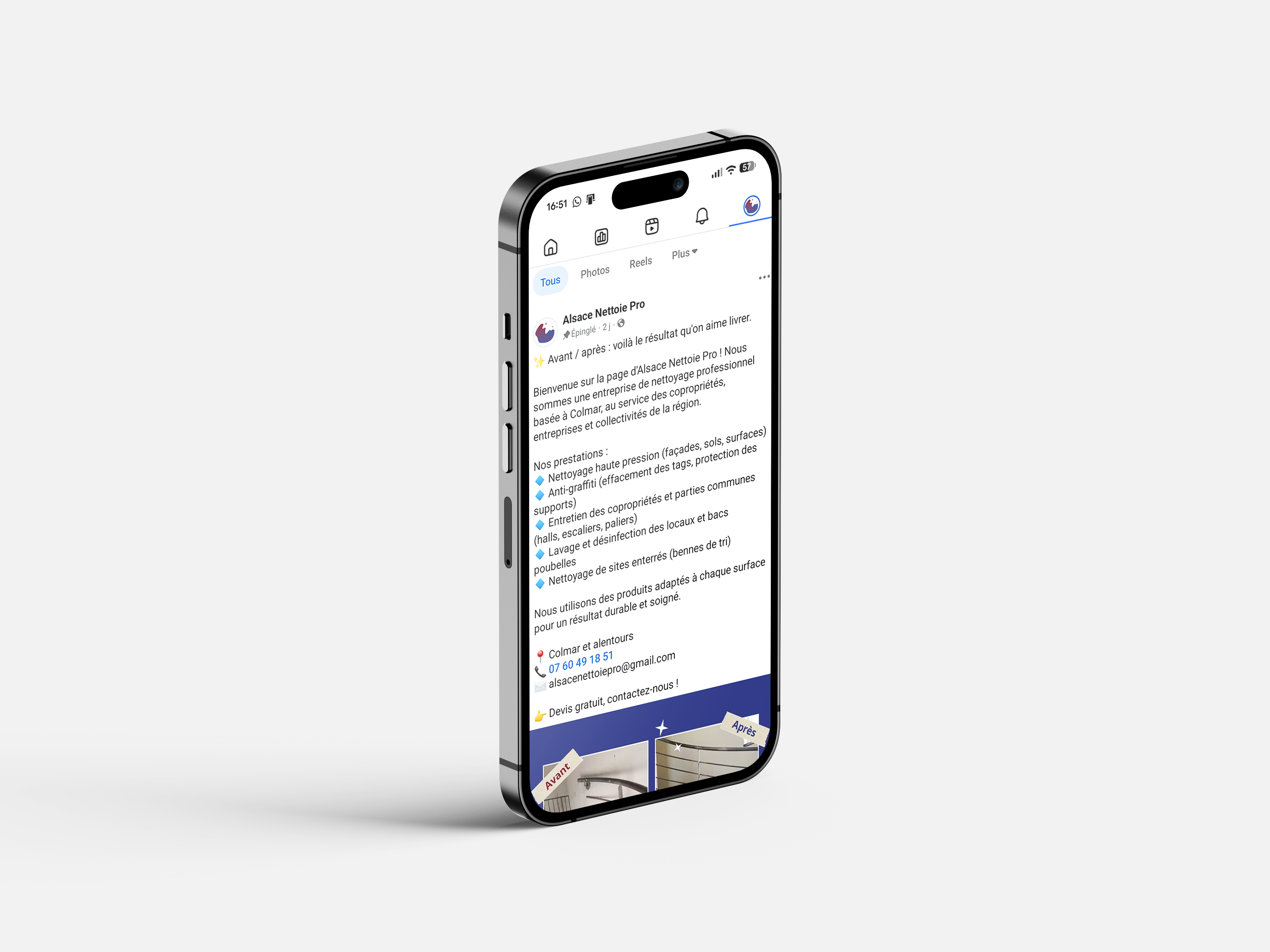Mockup de mise en avant de la page facebook de Alsace nettoie pro client de lia studio
