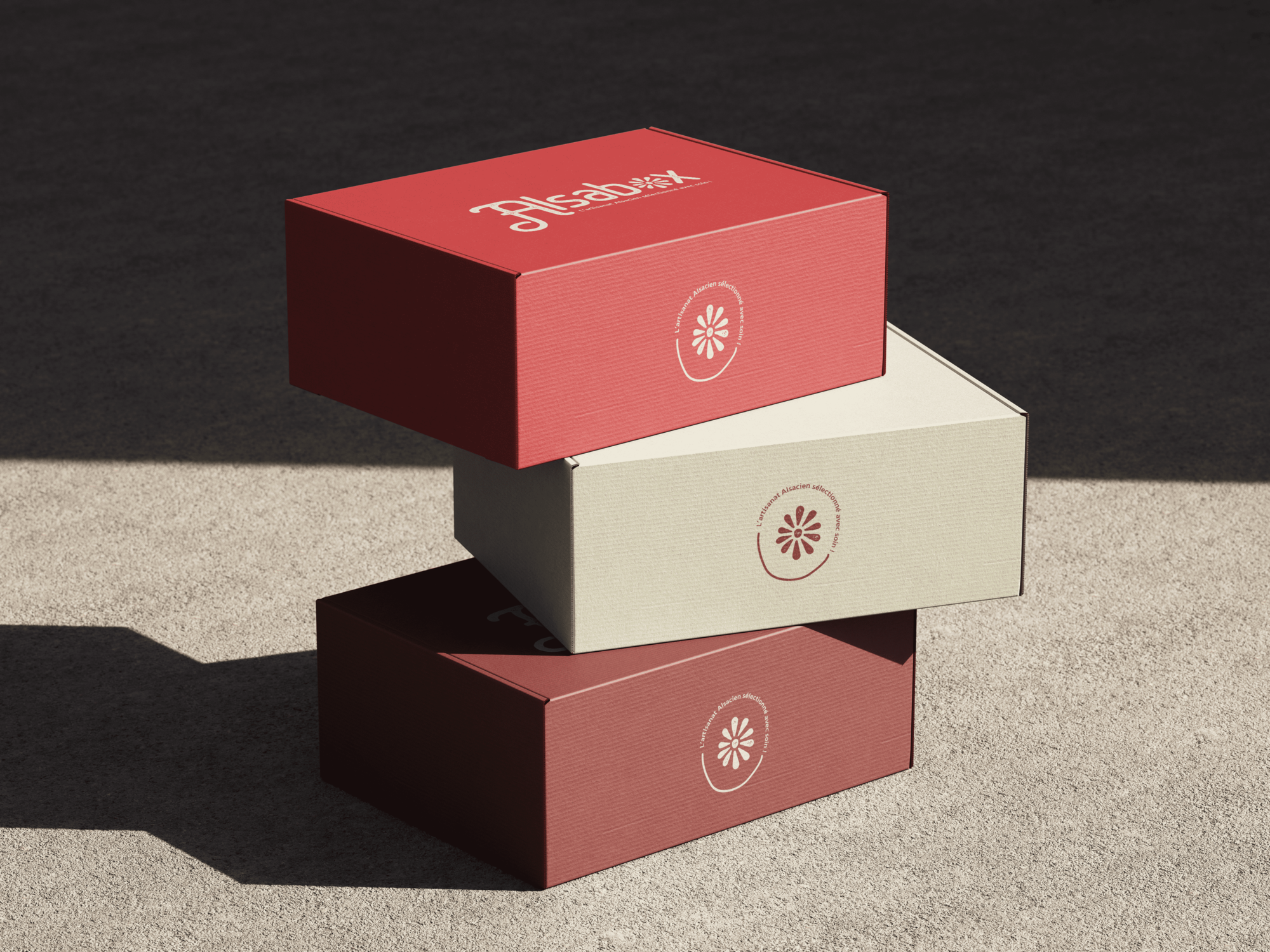 Mockup de mise en avant des packaging du projet Alsabox