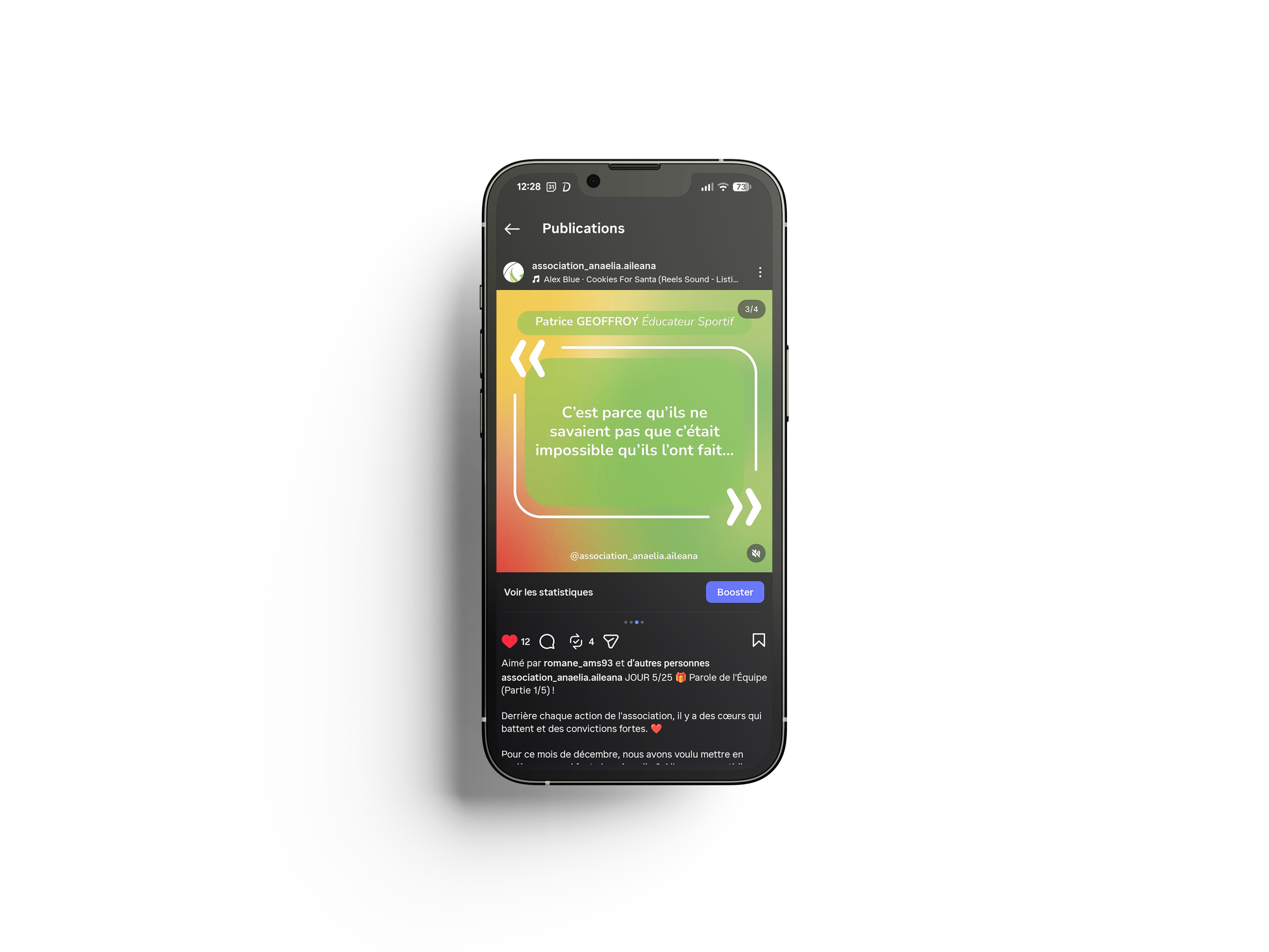 Mockup de mise en avant d'un post instagram lors de la compagne "calendrier de l'avant" de l'association anaelia et aileana, client de lia studio