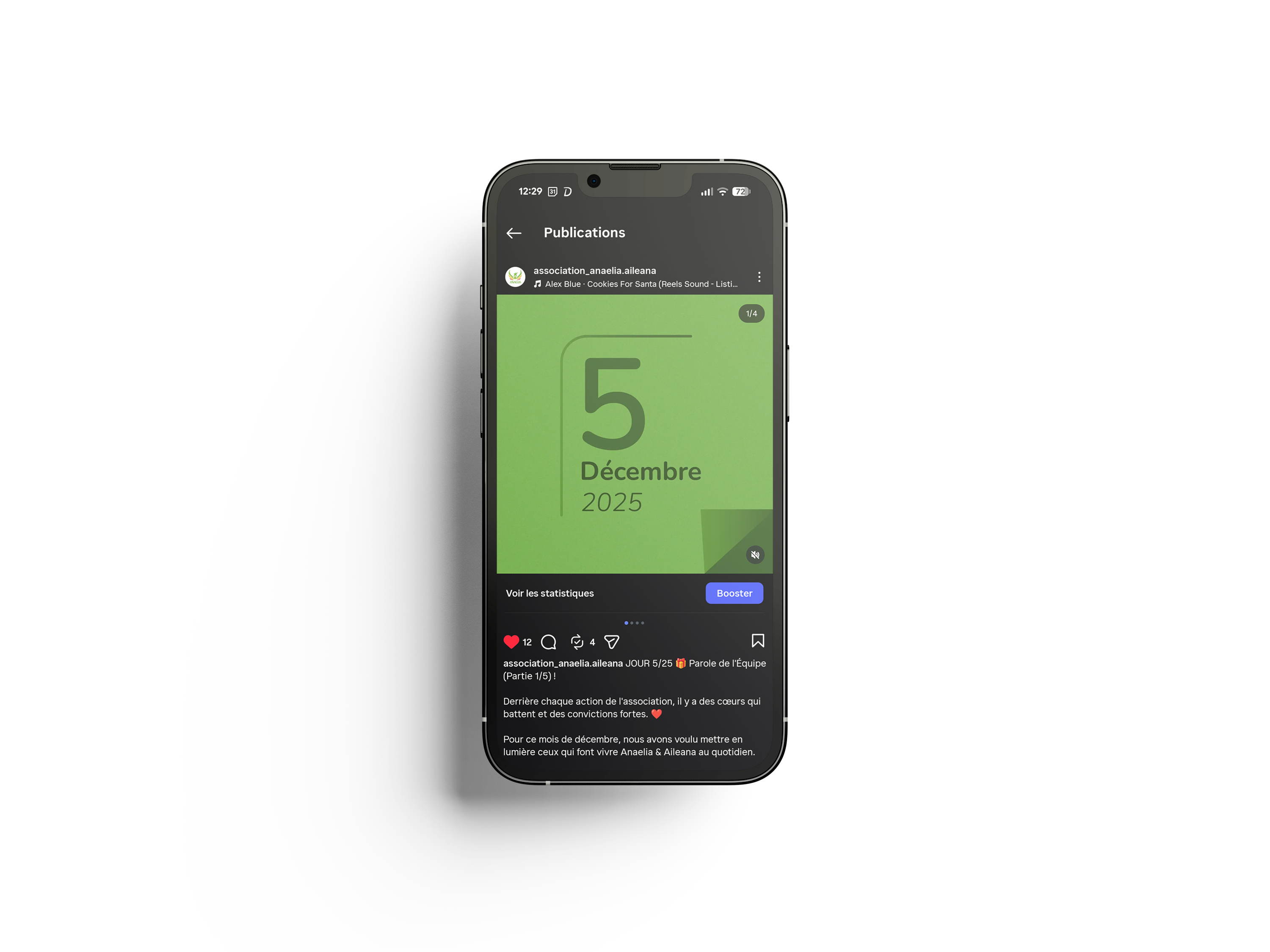 Mockup de mise en avant d'un post instagram lors de la compagne "calendrier de l'avant" de l'association anaelia et aileana, client de lia studio