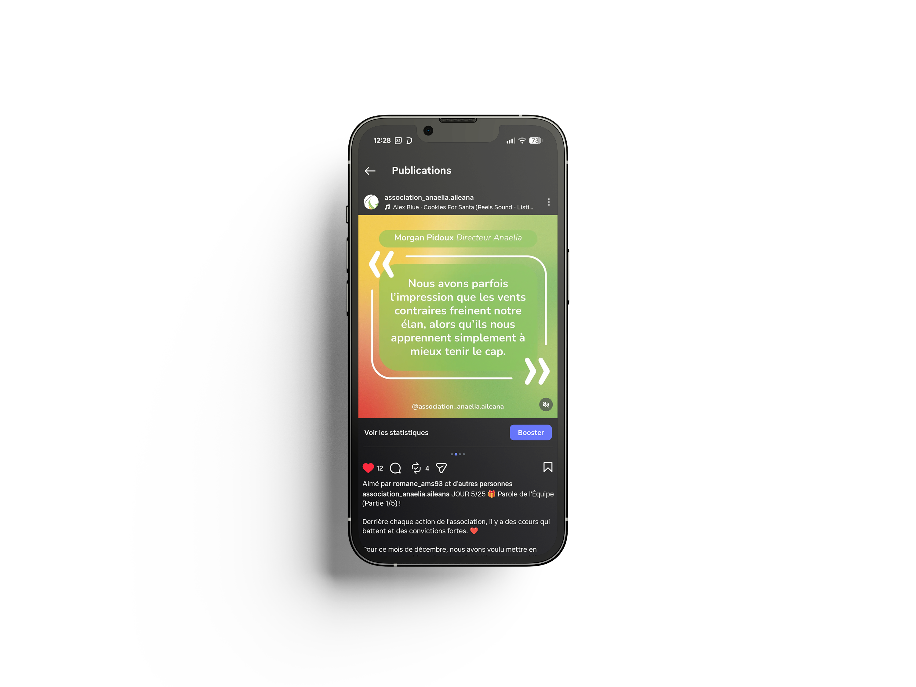 Mockup de mise en avant d'un post instagram lors de la compagne "calendrier de l'avant" de l'association anaelia et aileana, client de lia studio