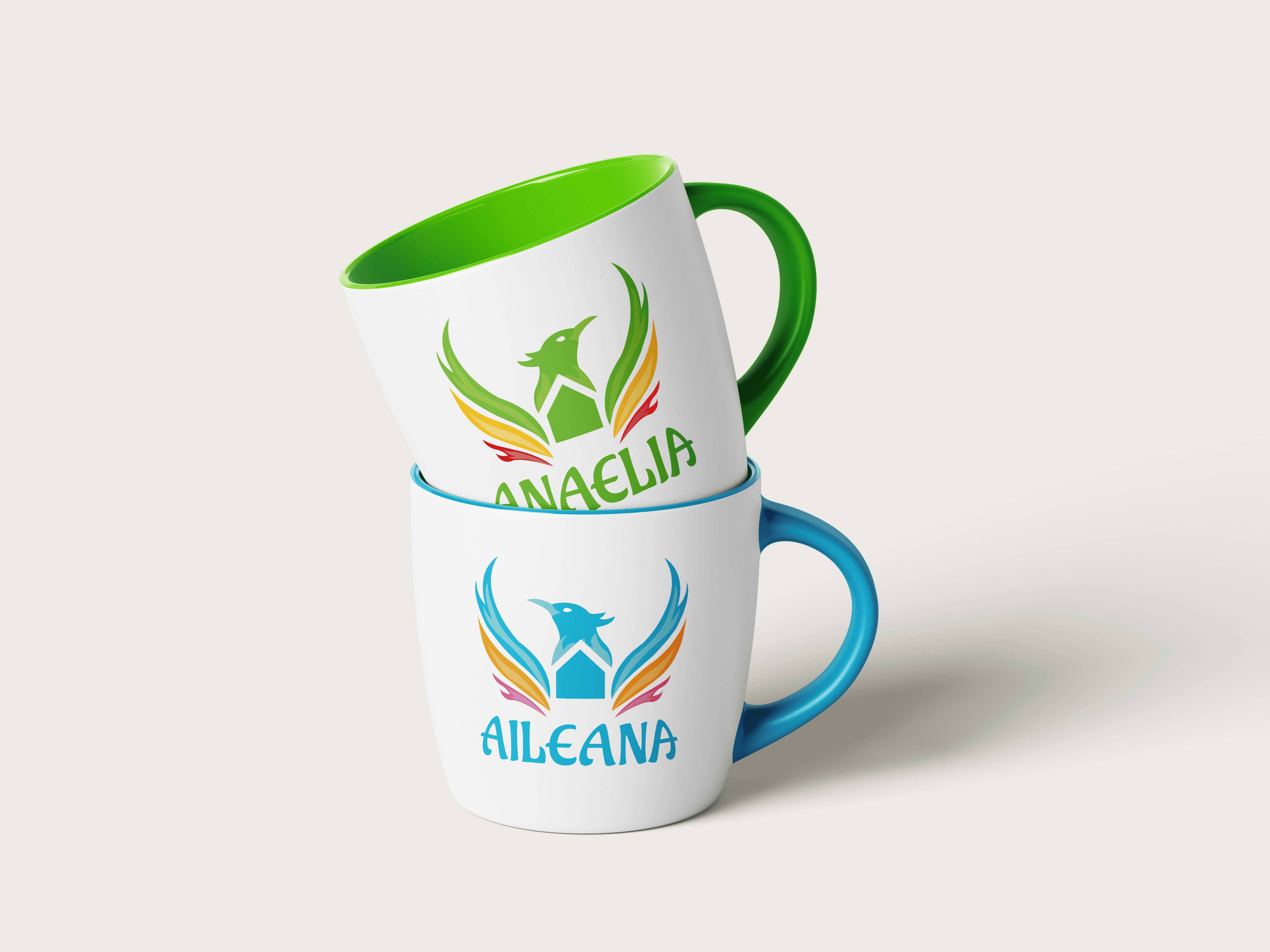 Mockup de mise en avant de l'identité visuelle de l'association anaelia et aileana sur des tasses