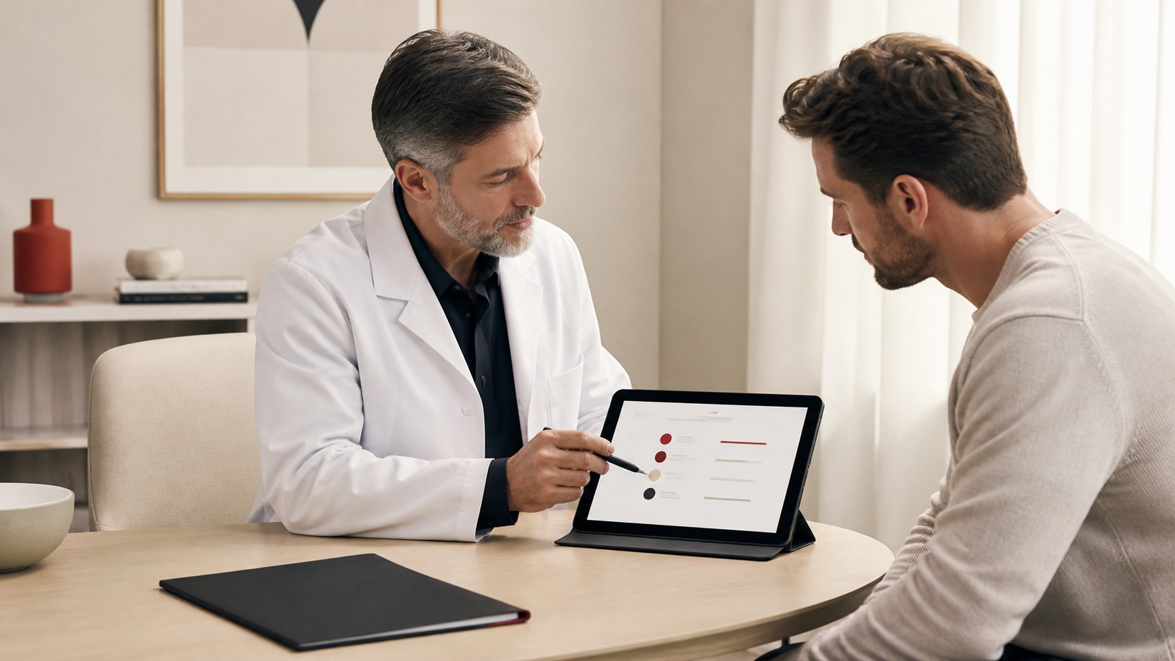 Clinician reviewing a weight-management assessment with a male patient