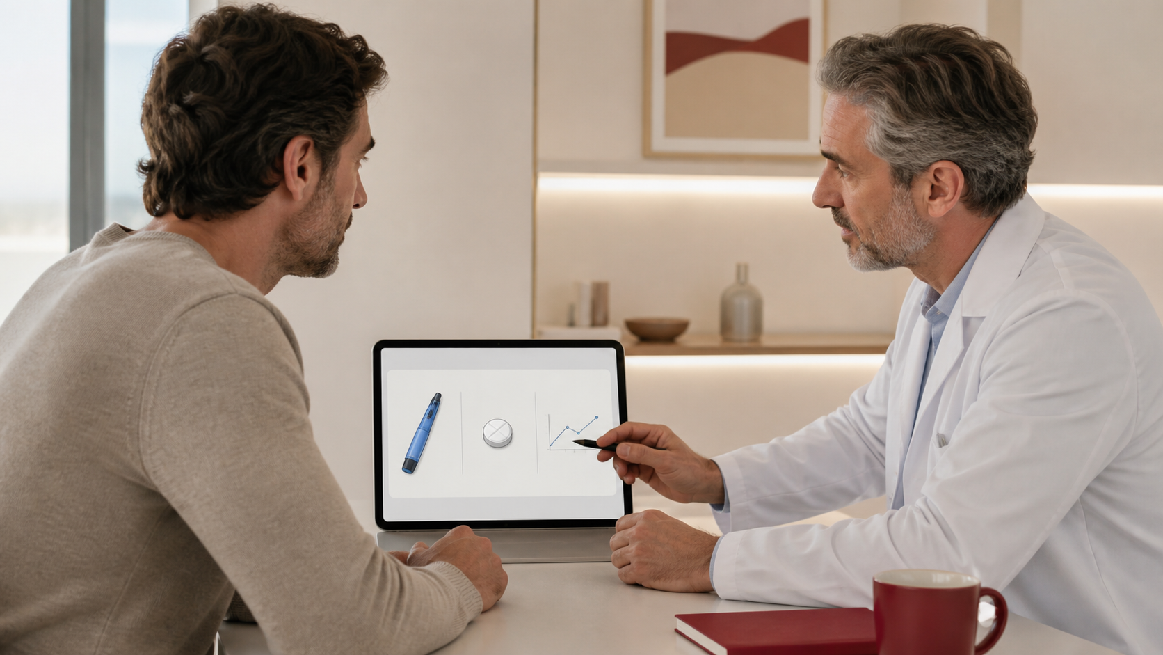 Clinician discussing weight-management medicine options with a male patient