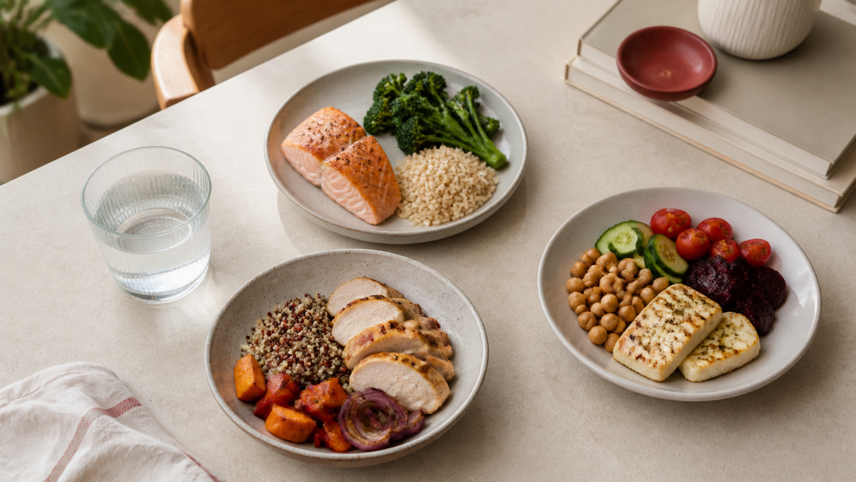 Small balanced meals and water arranged for someone with a reduced appetite
