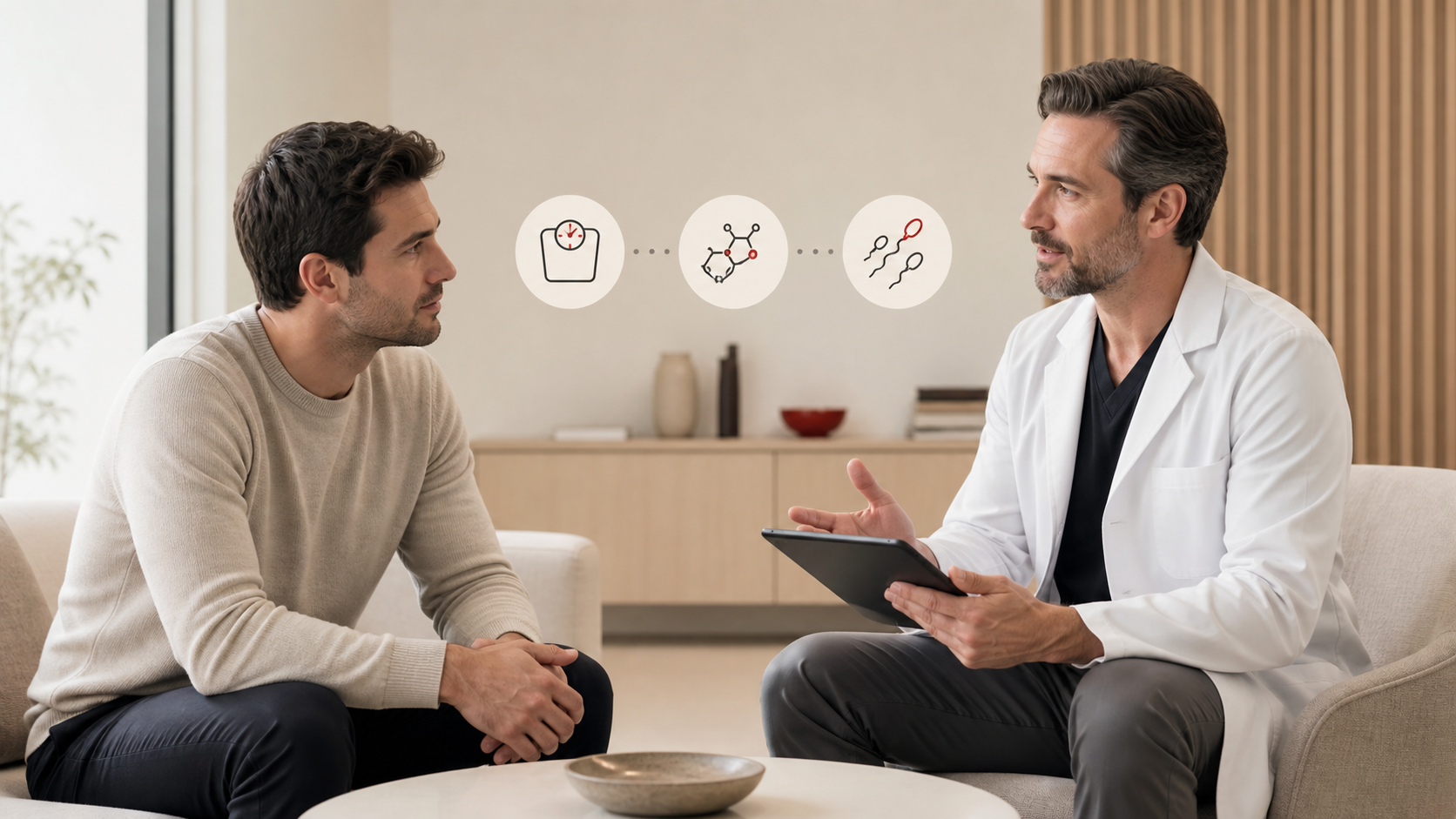 Andrologist discussing weight and male fertility assessment with a patient