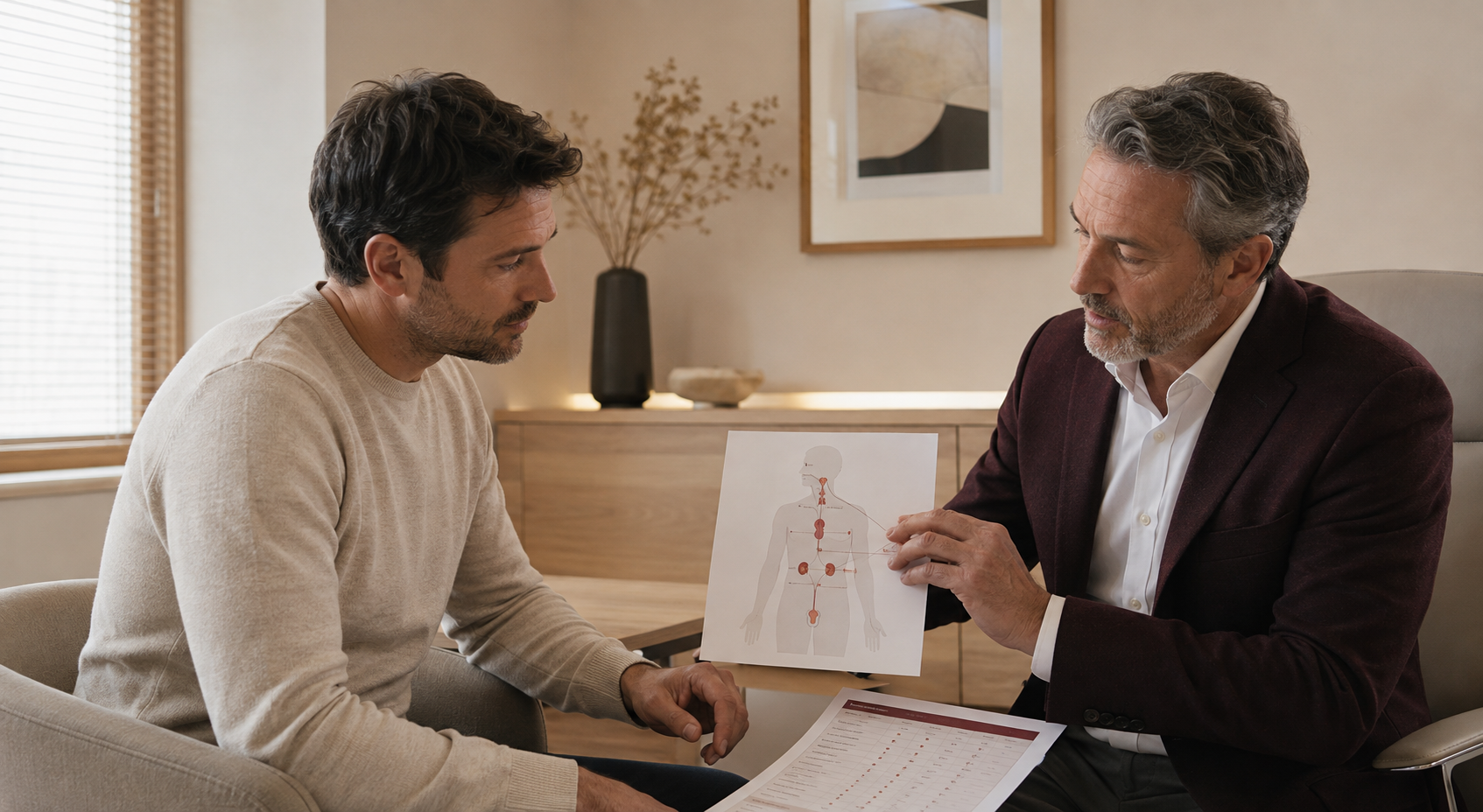Specialist discussing low testosterone symptoms and blood results with a male patient