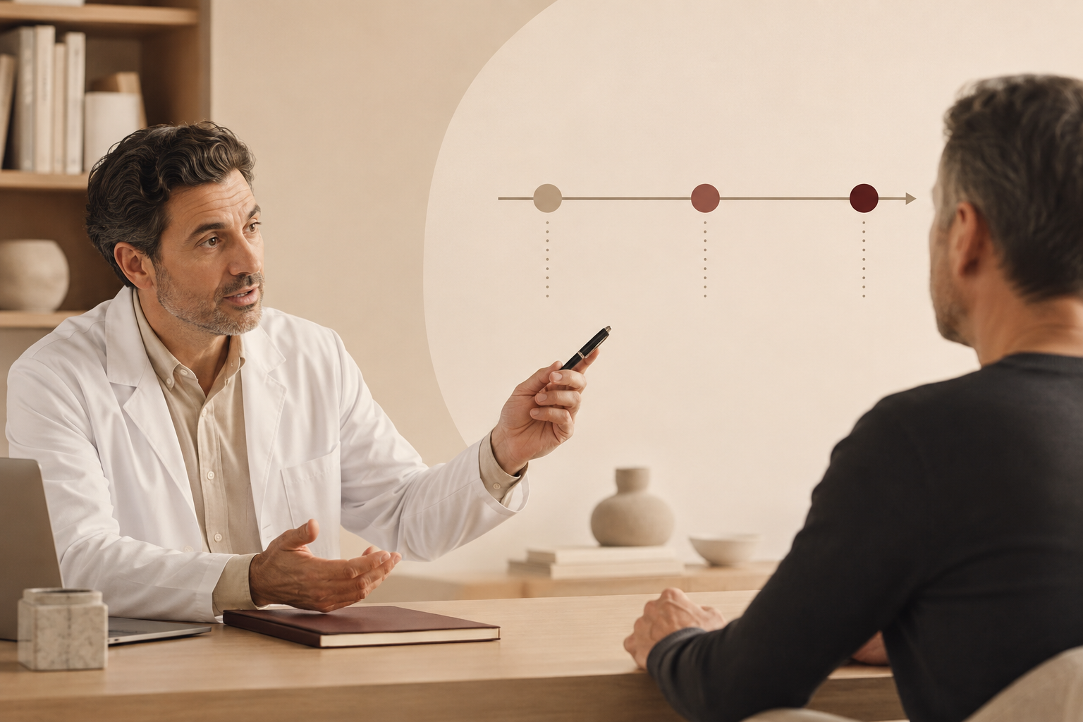 Clinician explaining how testosterone results are interpreted across adult age groups