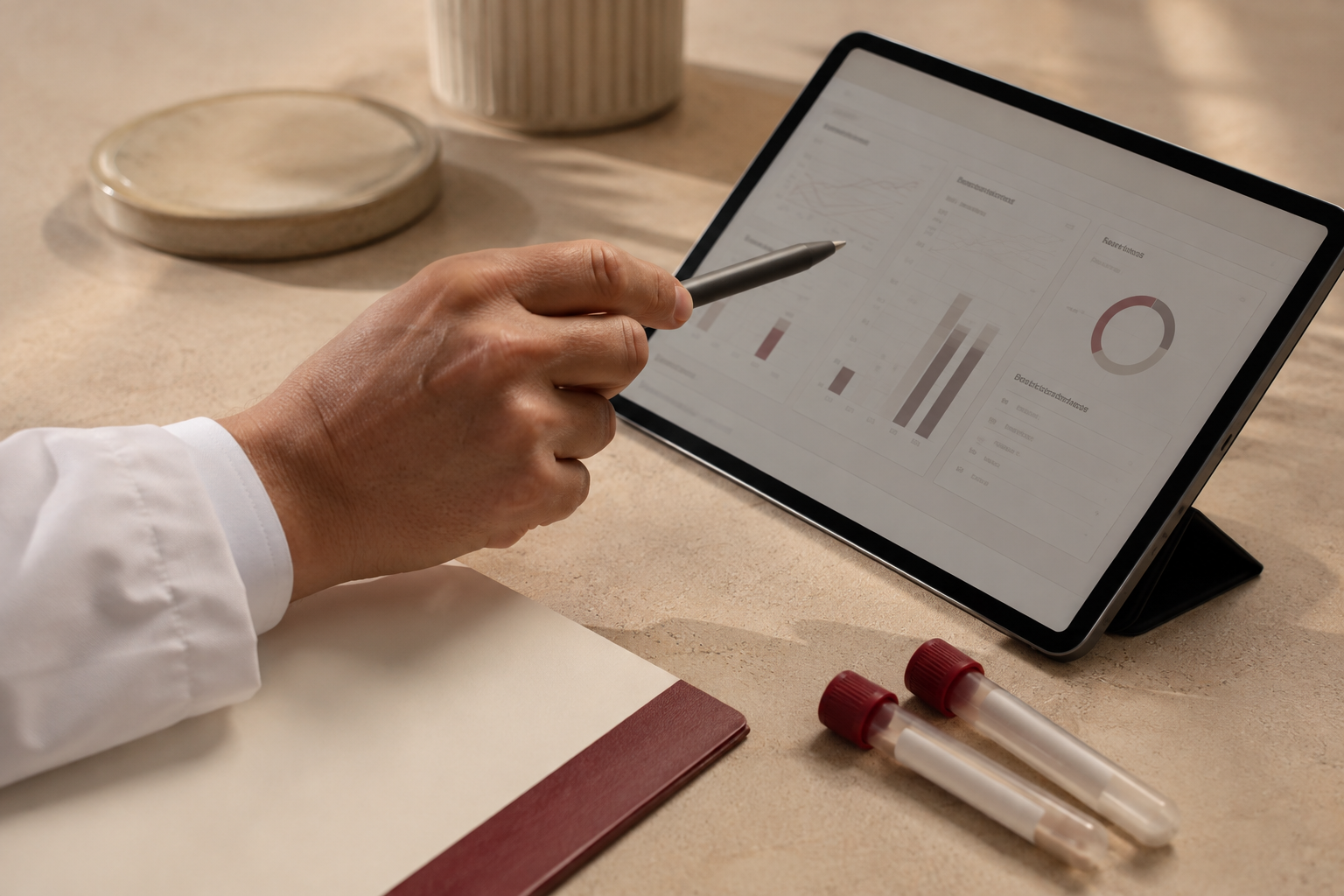 Clinician interpreting testosterone and related hormone blood-test results